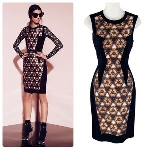 Prabal Gurung black wool silk kaleidoscope print panel sheath dress A19